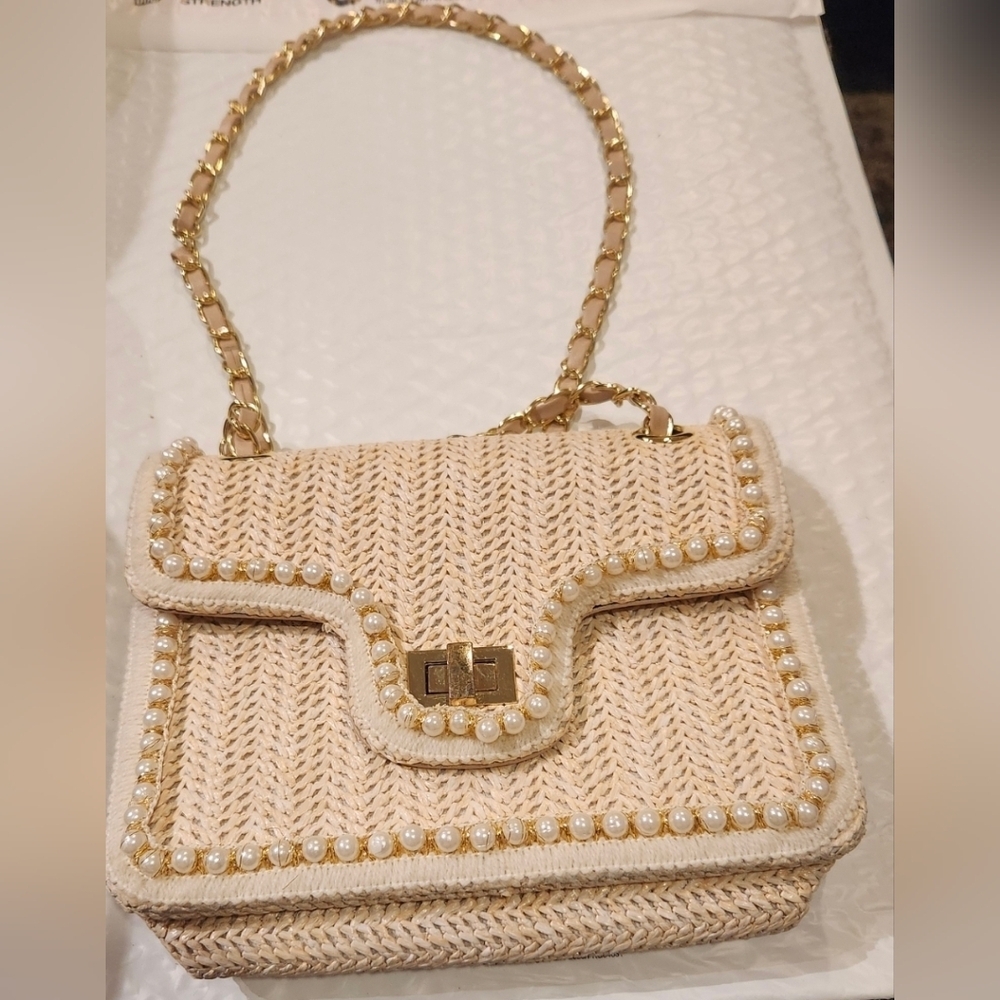 Vintage Tan/Cream Pearl Beaded Woven Handbag with Gold Accents